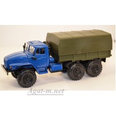 Масштабная модель УРАЛ-4320 грузовик бортовой с тентом, синий/хаки
