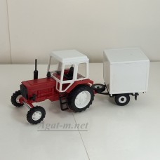 Трактор МТЗ-82 пластик, красный/белый с прицепом будка