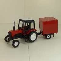 160068-МЛП Трактор МТЗ-82 (пластик 2х цветный красно-черный) с прицепом будка (красная)
