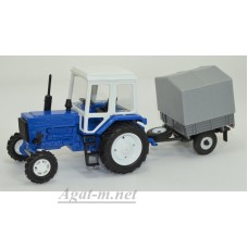 Масштабная модель Трактор МТЗ-82 металл, синий с прицепом сельхозник с тентом