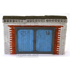 166-СМУ Фасад гаража №16 Кирпич белый, красный "ёлочка," ворота деревянные, голубые, плиты перекрытия.